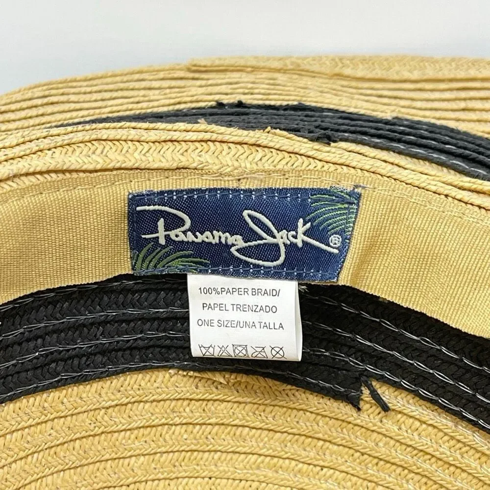 Panama Jack Sun Straw Hat Tan Navy Blue Tassel Floppy Wide Brim Women’s OSFM